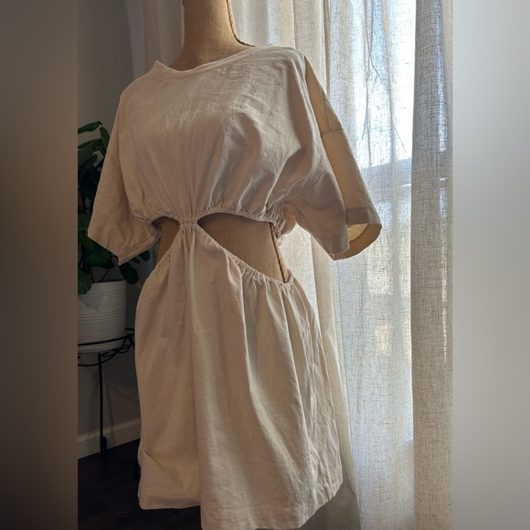 FREE PEOPLE beach cutout thick cotton beige tan linen pullover dress size XL - Picture 3 of 6